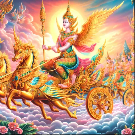 a painting of a woman riding on a horse with a chariot, thailand art, beautiful godrays, chariot, woman riding a flying unicorn, as the goddess of the sun, very colorful heavenly, samsara, beautiful image, the god athena, mythological painting, golden godd...