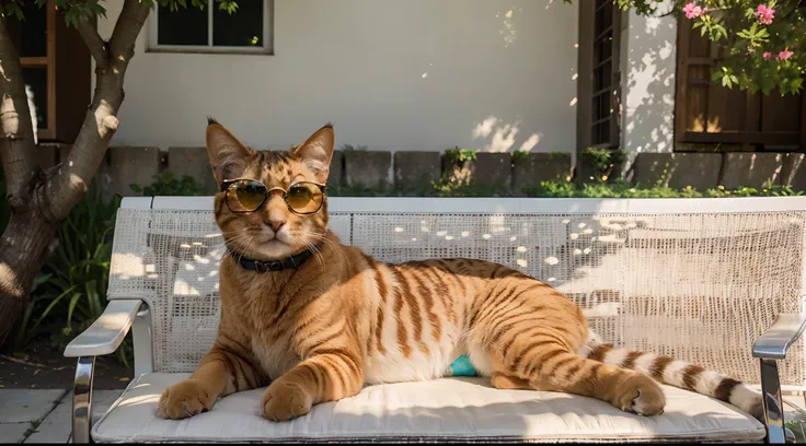 A cool cat with sun glasses, exuding an air of confidence and coolness, rests on a sun-warmed bench in the midst of a vibrant summer. This photograph captures the essence of relaxation and carefree indulgence, as the cat lounges with stylish sunglasses per...