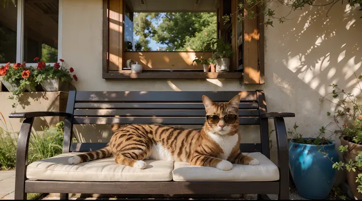 A cool cat with sun glasses, exuding an air of confidence and coolness, rests on a sun-warmed bench in the midst of a vibrant summer. This photograph captures the essence of relaxation and carefree indulgence, as the cat lounges with stylish sunglasses per...