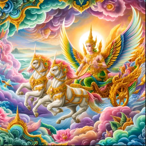 a painting of a woman riding on a horse with a winged figure, very colorful heavenly, woman riding a flying unicorn, beautiful godrays, thailand art, goddess. extremely high detail, by Caroline Chariot-Dayez, mythological painting, goddess of love and peac...