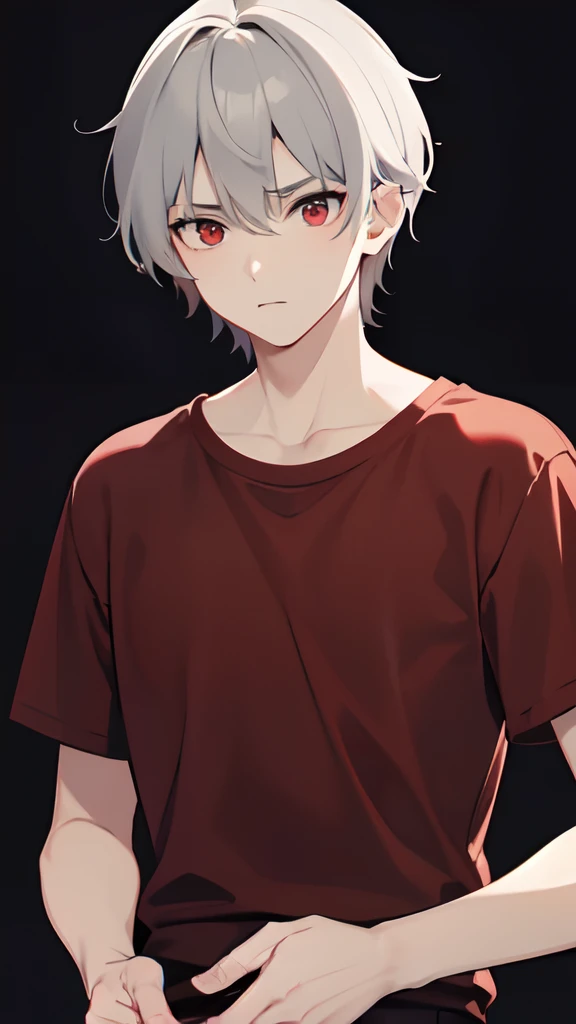 Guy 18 years old, light gray hair, Not inflated, dark red t-shirt, dark sweatpants, red-eyes.