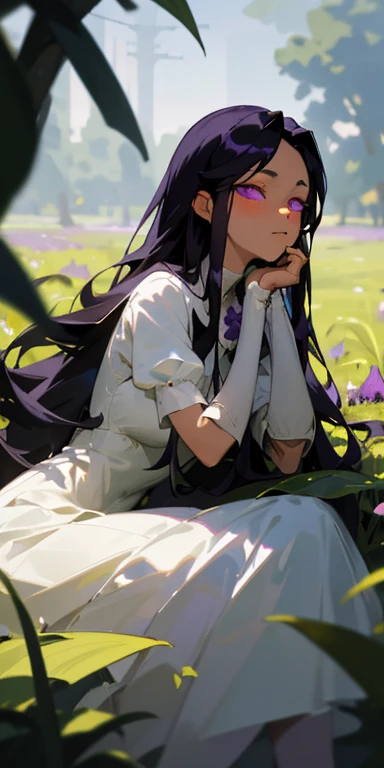 (masterpiece, best quality),1girl with long purple-black hair sitting in a field of green plants and flowers, her hand under her chin, warm lighting, white dress, blurry foreground, glowing purple eyes