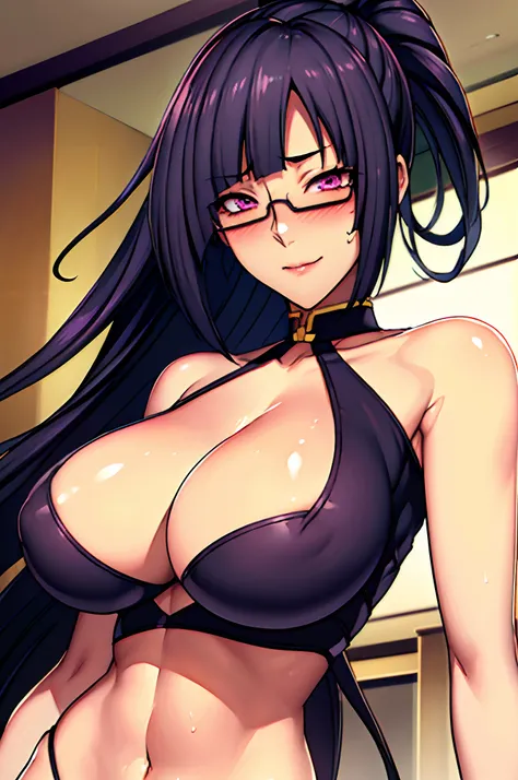 (focus on whole body), (cowboy shot), indoors, (standing pose), tempting pose, sexy pose, arms behind head, (blushing face:1.4), smiling,cyan dress, cleavage cutout, clothing cutout, bare shoulders, semi-rimless eyewear, black hair, very long hair, ponytai...