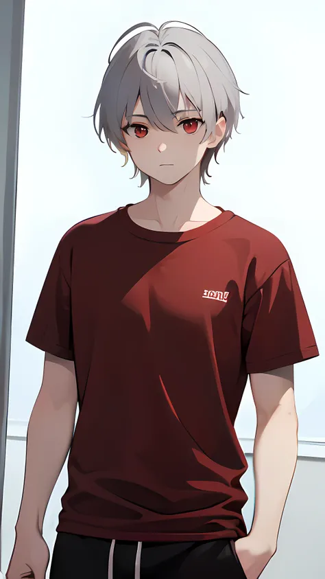 Guy 18 years old, light gray hair, Not inflated, dark red t-shirt, dark sweatpants, red-eyes.