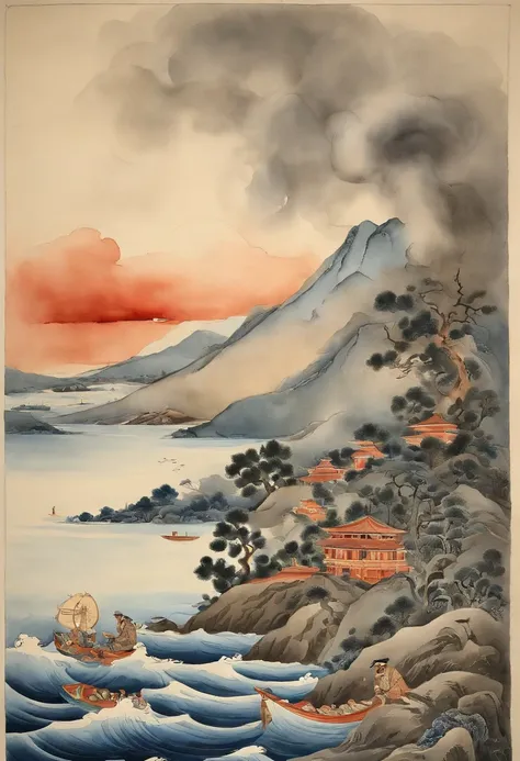 Best Quality, style of hokusai, ukiyoe painting, femele,Smoke pipes,scroll