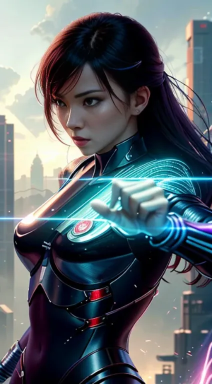 Futuristic kung fu girl，futuristic urban background，full bodyesbian，Chinese Kung Fu，Sharp eyes，Clear facial features，She wears a school uniform，The body is surrounded by purple mist，Runes surround you，Martial arts action，Holographic reality，holographic hal...