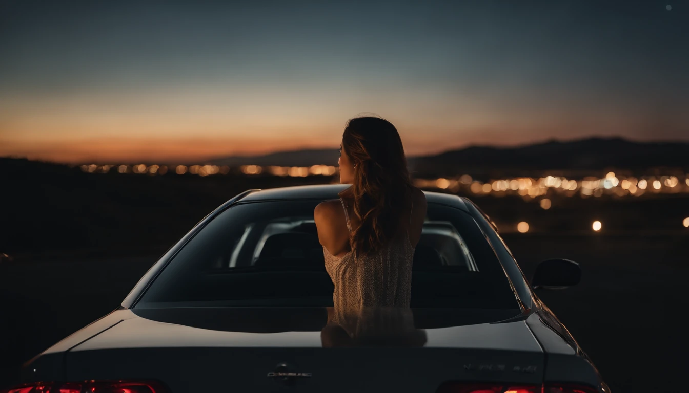 Beautiful woman with a car behind her at night, Nissan skyline, twilight sky, night lights, night sky, sunset sky, night drive, ultra detailed, photorealistic, cinematic, masterpiece.