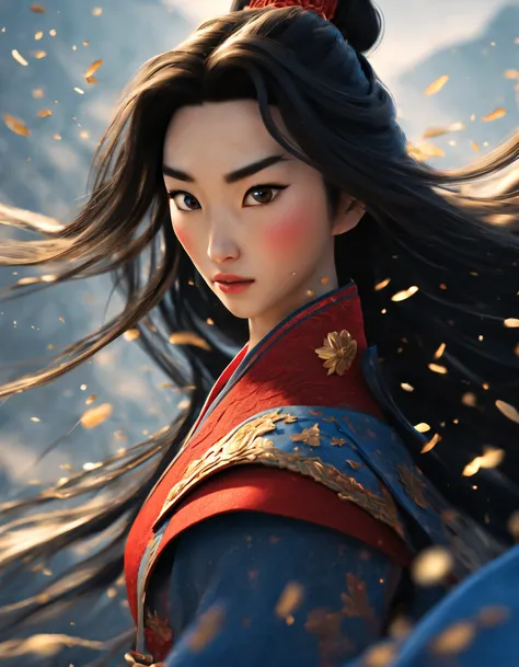 3d rendering of (close-up of mulan and the sword), （very long sword），（sword），the upper body wears dark blue armor made of fish s...