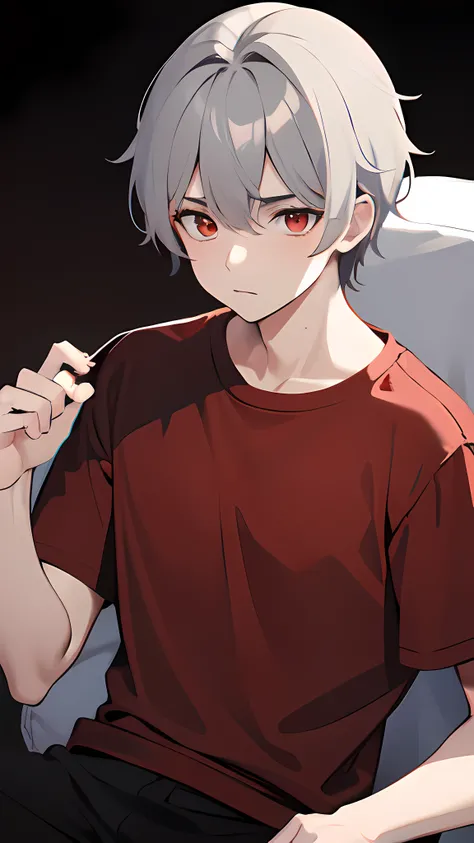 Guy 18 years old, light gray hair, Not inflated, dark red t-shirt, dark sweatpants, red-eyes.