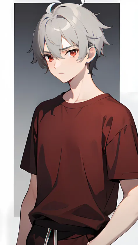 Guy 18 years old, light gray hair, Not inflated, dark red t-shirt, dark sweatpants, red-eyes.