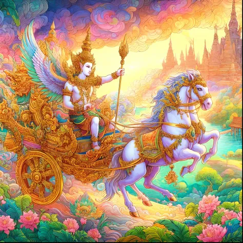 painting of a man riding a horse with a winged figure on it, thailand art, beautiful godrays, by Caroline Chariot-Dayez, chariot, intricate fantasy painting, woman riding a flying unicorn, highly detailed visionary art, detailed fantasy digital art, beauti...