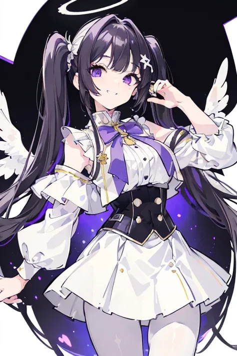 white skirt,black hair, twintails, white skirt,white pantyhose,corset, 8K, masterpiece,detailed halo,16 years old highly detailed face,medium breast,solid circle eyes,wing on the waist,purple eyes,god ray,detailed shading,depth of field,grin