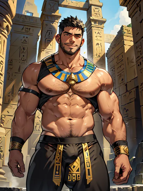 1 man, Middle-aged man, Chris Redfield, Smiling face, Solo, White skin, Muscular, Hairy body, Muscle Man, Tall, hunk, large biceps, Abs, Big thighs, broad shoulder, Open chest, Facial hair, with short black hair, Ancient Egyptian clothing, Exotic sexy outf...