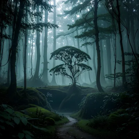 dense mysterious forest,slime lying on damp leaves,elaborate magical summoning circle filled with unknown texts,natural aesthetic,misty atmosphere,ominous lighting,creepy vibes,foggy surroundings,thick vegetation,climbing vines and moss-covered trees,hidde...