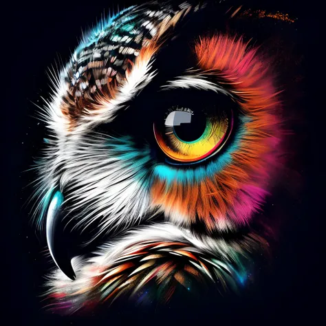 Close-up of colorful owl eyes isolated on black background, glowing owl, glowing owl, art of alessandro pautasso, Proud look, Full of color and rich details, Highly detailed colors, alien owl, Highly detailed bright colors, Vivid high-contrast coloring, de...