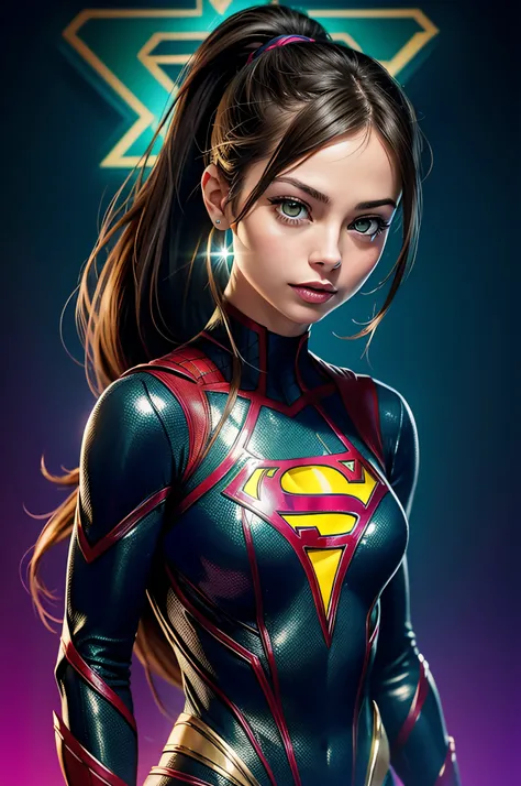 Kristin Kreuk with ponytail and green eyes as Supergirl dans le style de Spider-Man, tmasterpiece, Best quality, abstrait, psychedelic, neon light, (honeycomb pattern), (Creative:1.3), sy3, SMM, fantaisie00d