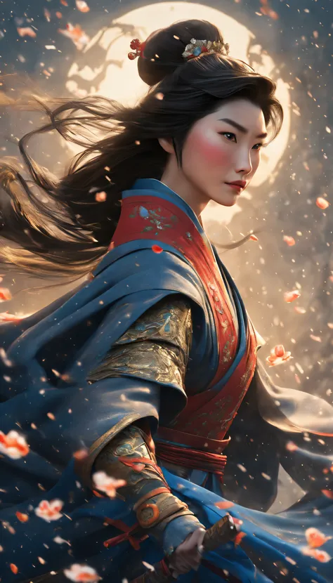 3d rendering of (close-up of mulan holding a sword), （very long big sword），（with a sword），the upper body wears dark blue armor m...