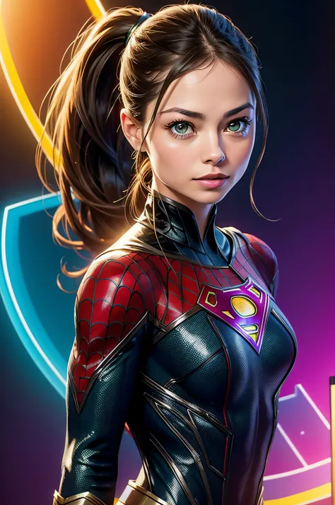 Kristin Kreuk with ponytail and green eyes as Supergirl dans le style de Spider-Man, tmasterpiece, Best quality, abstrait, psychedelic, neon light, (honeycomb pattern), (Creative:1.3), sy3, SMM, fantaisie00d