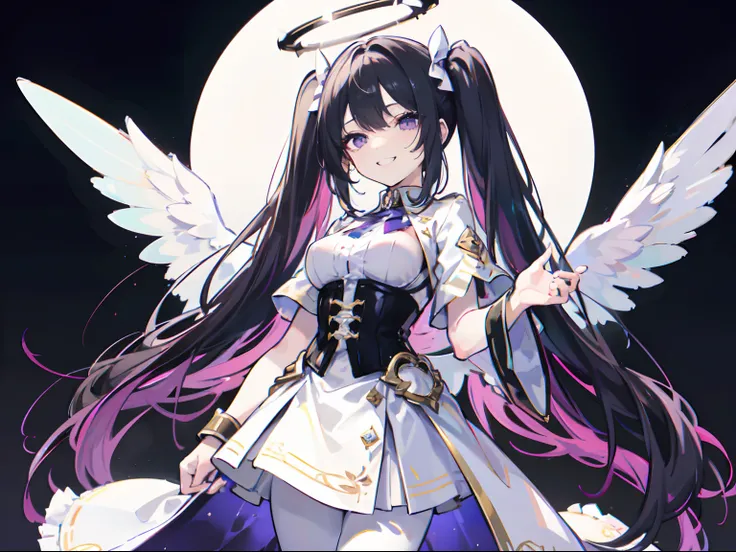 white skirt,black hair, twintails, white skirt,white pantyhose,corset, 8K, masterpiece,detailed halo,16 years old highly detailed face,medium breast,solid circle eyes,wing on the waist,purple eyes,god ray,detailed shading,depth of field,(grin:1.2)