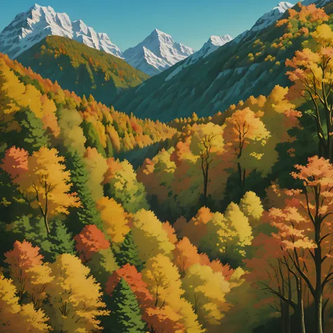 forest and montain in autumn background in anime art style