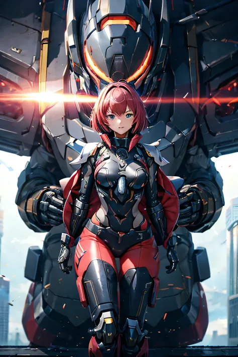 top-quality、masutepiece、4K、ighly detailed、A woman in a cyber suit riding a flying mecha almost collides with a high school boy