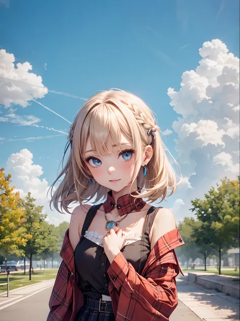 absurderes, ultra-detailliert,bright colour, (1girl in:1.6),(独奏:1.7)。extremely beautiful detailed anime face and eyes, view straight on,Short hair, , asymmetrical bangs, Blonde hair with short twin tails, Shiny hair, Delicate beautiful face, red blush、Blue...