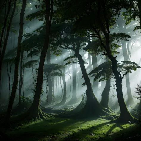 Giant trees block out all the sun，Dense mystical forest,The slime lies on the damp leaves,Beneath him is a magic summoning circle，Its full of unknown words,Beauty,Misty atmosphere,ominous lighting,Creepy resonance,Foggy surroundings,the lush vegetation,Cli...