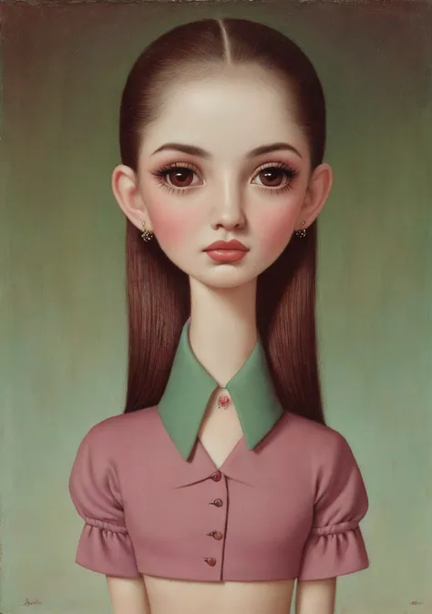 pintura de una mujer fea con las cejas muy gordas y peludas, estilo mark ryden, desnuda