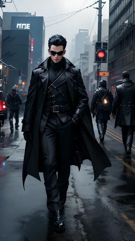 A man in a black coat and black pants walks across a bridge, Tech-savvy long coat, He is dressed in a black cloak, Photo of cinematic outfit, Fashionable cyberpunk clothes, Trench coat and suit, Square Enix Style of Play, Neo from The Matrix, based on Yama...