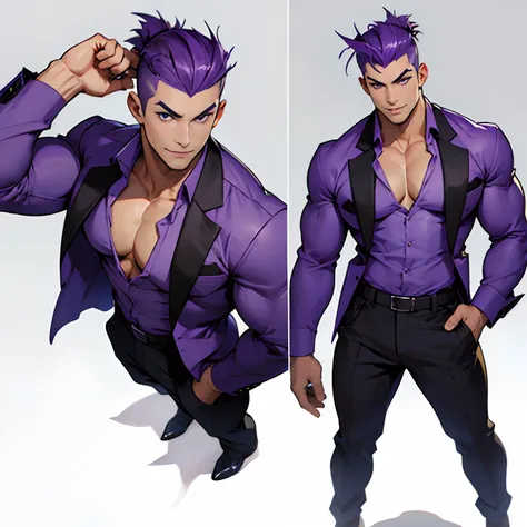 Standing, 3/4 view, cheerful, tight fitting clothes, Bara, Sharp jawline, male, shaved sides, purple hair, purple eyes, scar on his right cheek, open shirt