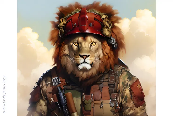 Painting by Jean-Baptiste Monge depicting a large adult lion, Bright red mane, evil look, Dressed in military uniform, Cap on his head, In the hands of a weapon, stands on a ledge, , jean - baptiste monge, anthropomorphic --ar 2:3 --testp -optimistic;