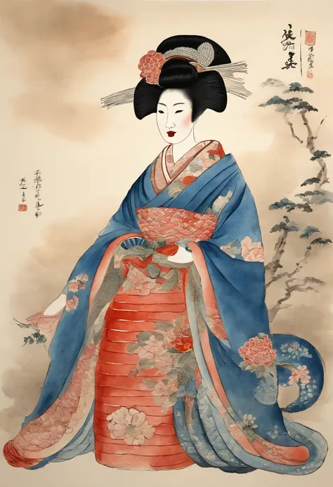 Best Quality, style of hokusai, ukiyoe painting, Oiran Woman,Loose costumes