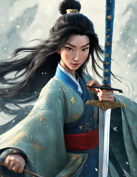 3d rendering of (close-up of mulan and the sword), （very long sword），（wielding a sword），（sword：1.2），（a sword that glows with col...