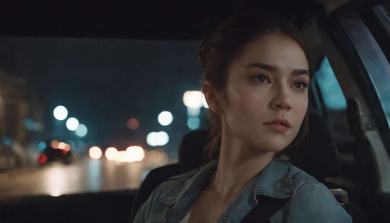 Sad beautiful young woman in a car at night, Nissan skyline, twilight sky, night lights, cyberpunk city lights, night sky, night drive, ultra detailed, photorealistic, cinematic, masterpiece.