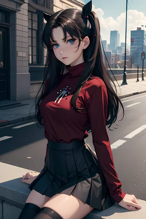 (masterpiece), best quality, expressive eyes, perfect face, 1girl, solo, rintohsaka, rin tohsaka, aqua eyes, black hair, hair ribbon, long hair, ribbon, sidelocks, two side up, black skirt, black thighhighs, long sleeves, miniskirt, pleated skirt, ((red sw...