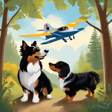 A black and white Miniature Sheltie and a black and yellow Dachshund are best friends and playing in the woods of the Sedona, arizona mountains with a blue and white airplane flying above them covering up the sun, whimsical, silly,  Digital painting, illus...