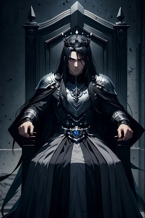 manly dark king, black long strainght hair, crown, black armor, black marble throne