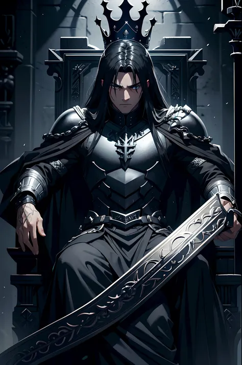 manly dark king, black long strainght hair, crown, black armor, black marble throne