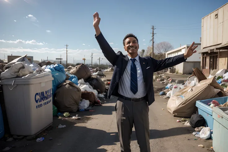 Elegant man, smiling standing seen from the waist up, with dollars in his hands wearing jacket and tie. in the background a garbage dump and retirees on their knees pleading, looking at the sky and arms raised. with a blue sky and radiant sun