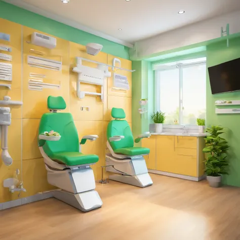 A bright and welcoming dental office, full of modern green dental chairs, a dentist with a mask and dental braces in his hand and smiling patients, a boy receiving top-notch care from our qualified team, like a Disney character.