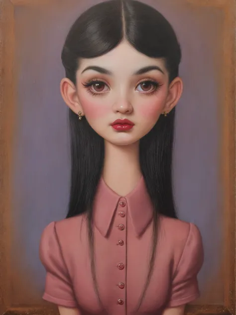 pintura de una mujer fea con las cejas muy gordas y peludas, estilo Mark Ryden, desnuda