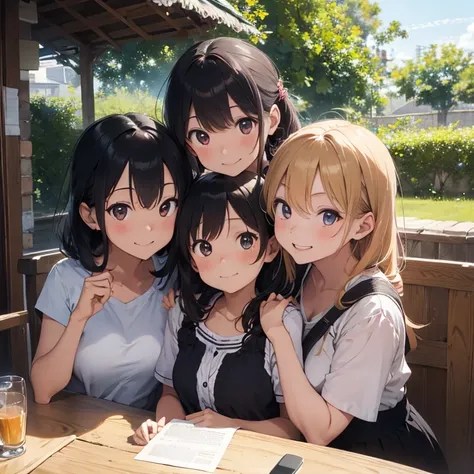 ((Best quality, masterpiece)), five lifelong friends, warmly embracing, smiling ear-to-ear, surrounded by lush greenery and a crisp blue sky, basking in the sunshine of a perfect day.