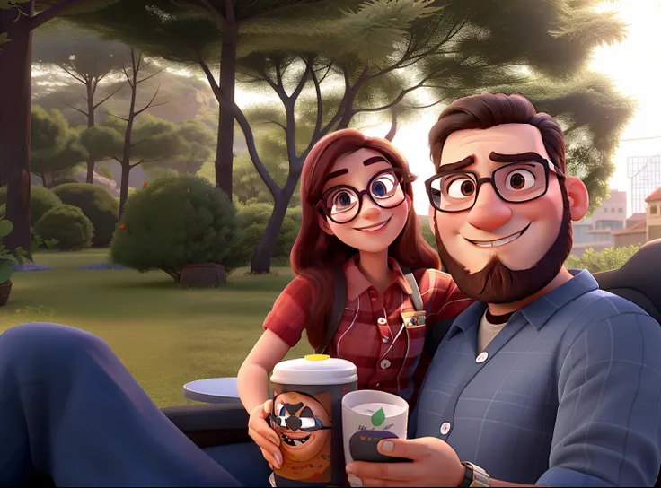 Pixar, mulher loira sorridente, Man Glasses Beard and Glasses, dia