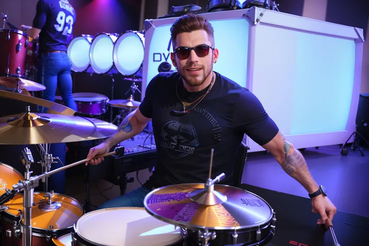 Drummer in sunglasses playing drums in a music studio with other musicians, tocando bateria, baterista, adam varga, Simon Hollosy, Valeriy Vegera, A scooter ( Banda EDM, Patryk Hardziej, bateria, Capturado na Canon EOS R 6, Vitaly Bulgarov, DJ em uma festa...