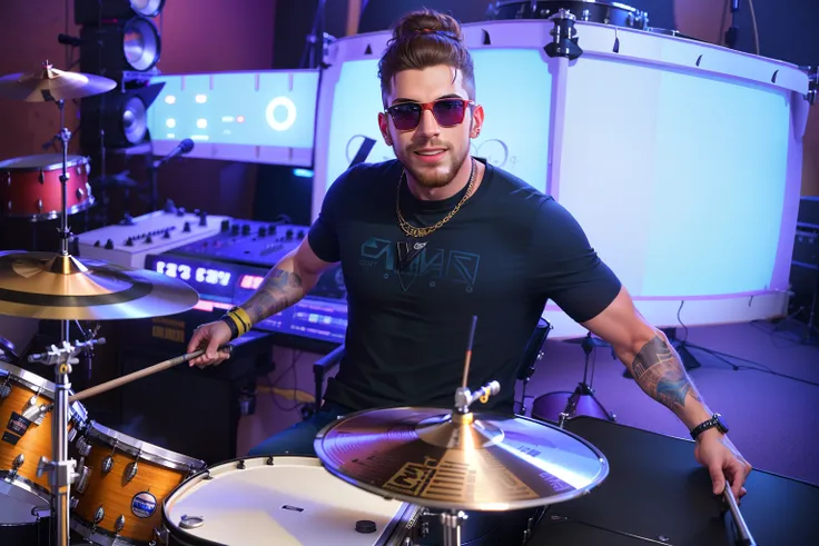 Drummer in sunglasses playing drums in a music studio with other musicians, tocando bateria, baterista, adam varga, Simon Hollosy, Valeriy Vegera, A scooter ( Banda EDM, Patryk Hardziej, bateria, Capturado na Canon EOS R 6, Vitaly Bulgarov, DJ em uma festa...