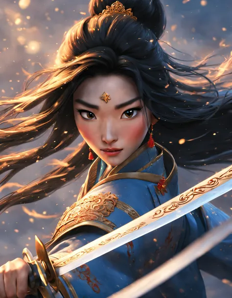 3d rendering of (mulan and the sword are large close-ups), （a very long sword，shining with cold light），（a sword with a dragon pa...