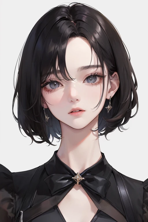 (Top resolution、Distinct_image)top-quality、femele、​masterpiece、ighly detailed、Semi-realistic、Black short hair、Dark hair、grey  eyes、bangss、21years old、Mature、年轻、cook、patissier、Exquisite facial features、Facial features,black colored clothes,Black