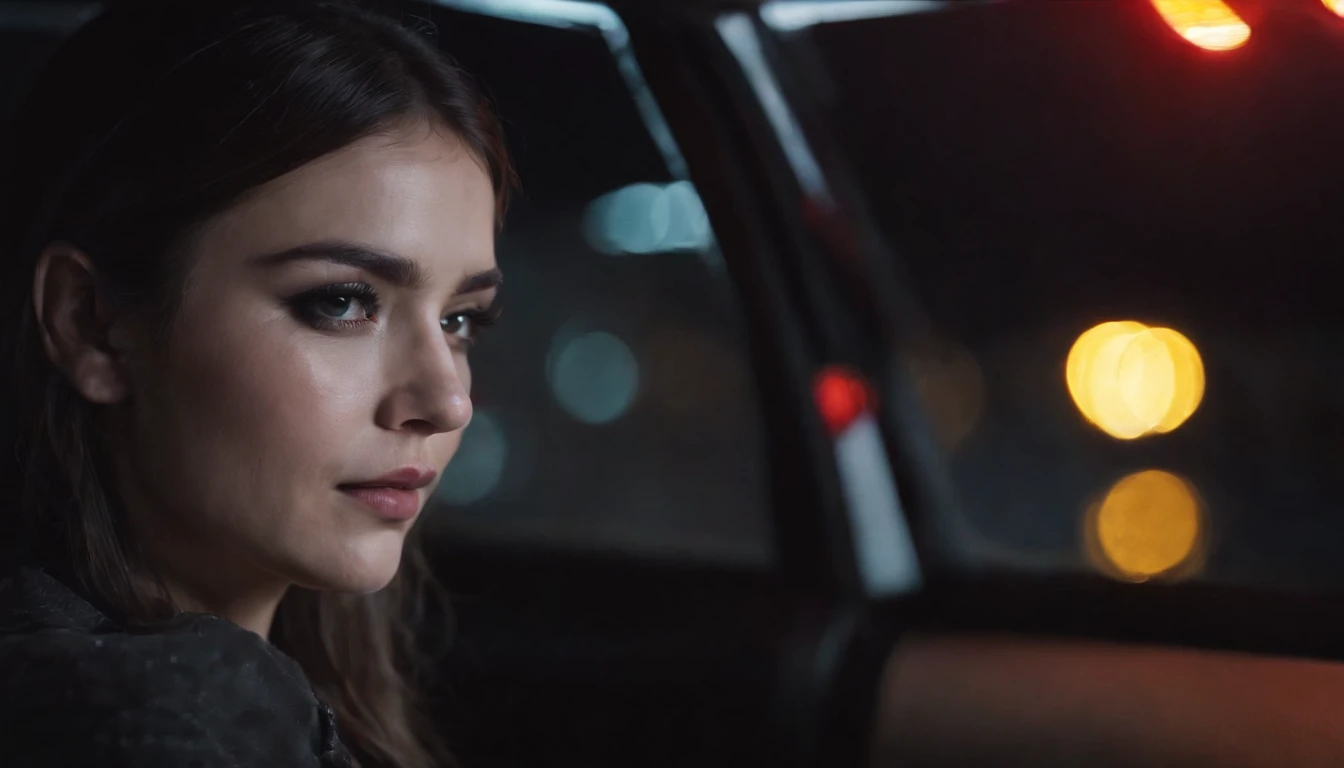 beautiful young woman crying in a car at night, dripping make-up, black make-up, nissan skyline, night lights, cyberpunk city lights, night sky, night drive, ultra detailed, photorealistic, cinematic, masterpiece.