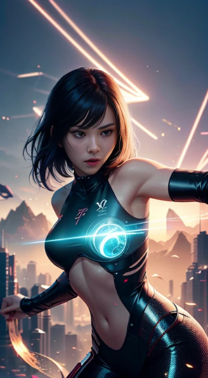 Futuristic kung fu girl，futuristic urban background，full bodyesbian，Chinese Kung Fu，Sharp eyes，Clear facial features，She was wearing a tracksuit，The body is surrounded by purple mist，Runes surround you，Martial arts action，Holographic reality，holographic ha...