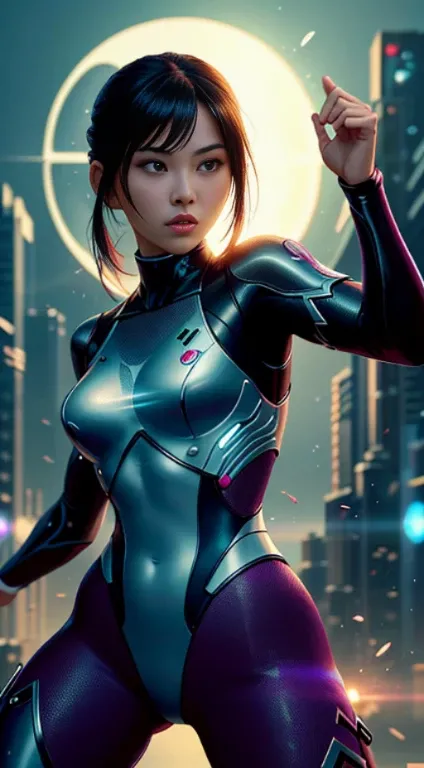 Futuristic kung fu girl，futuristic urban background，full bodyesbian，Chinese Kung Fu，Sharp eyes，Clear facial features，She was wearing a tracksuit，The body is surrounded by purple mist，Runes surround you，Martial arts action，Holographic reality，holographic ha...